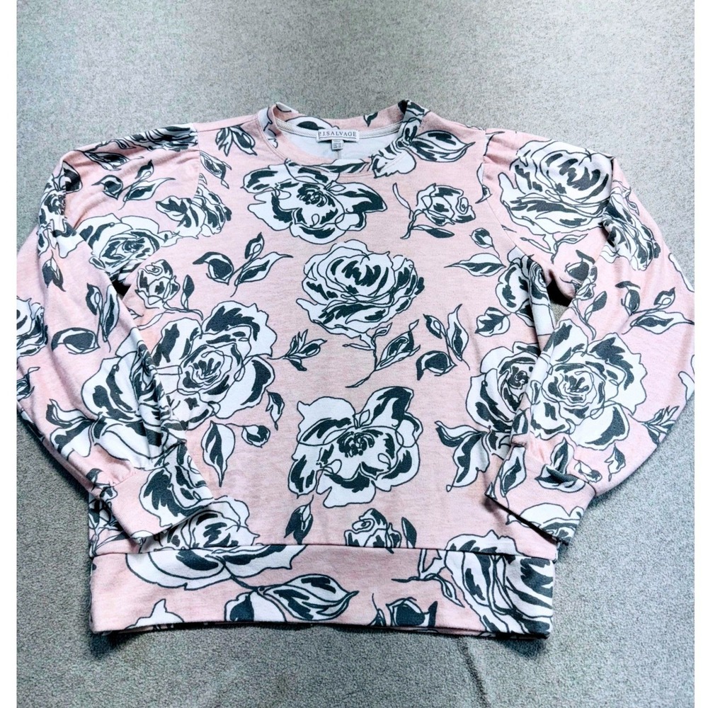 P.J. Salvage Floral Sweatshirt Women XS Pink Gray Rose Print Lounge Romantic